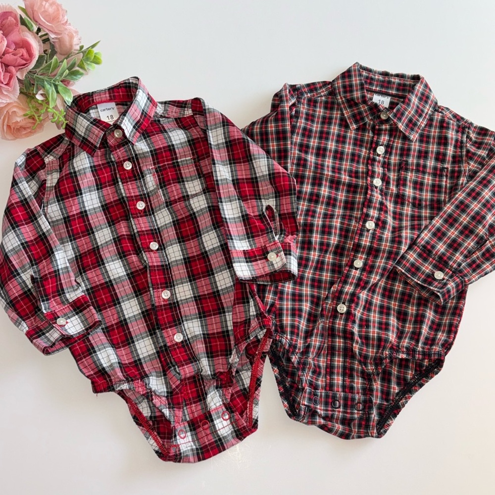 Carter’s 18M Long Sleeve Button Down Shirt Bodysuit snap bottom 18M Christmas